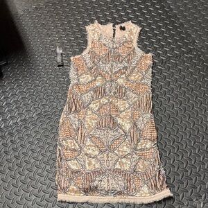 Topshop Beaded Mini Dress in Cream and Brown